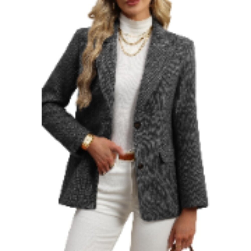 Wool Blend Tweed Blazer Herringbone Business Casual Oversize Jacket